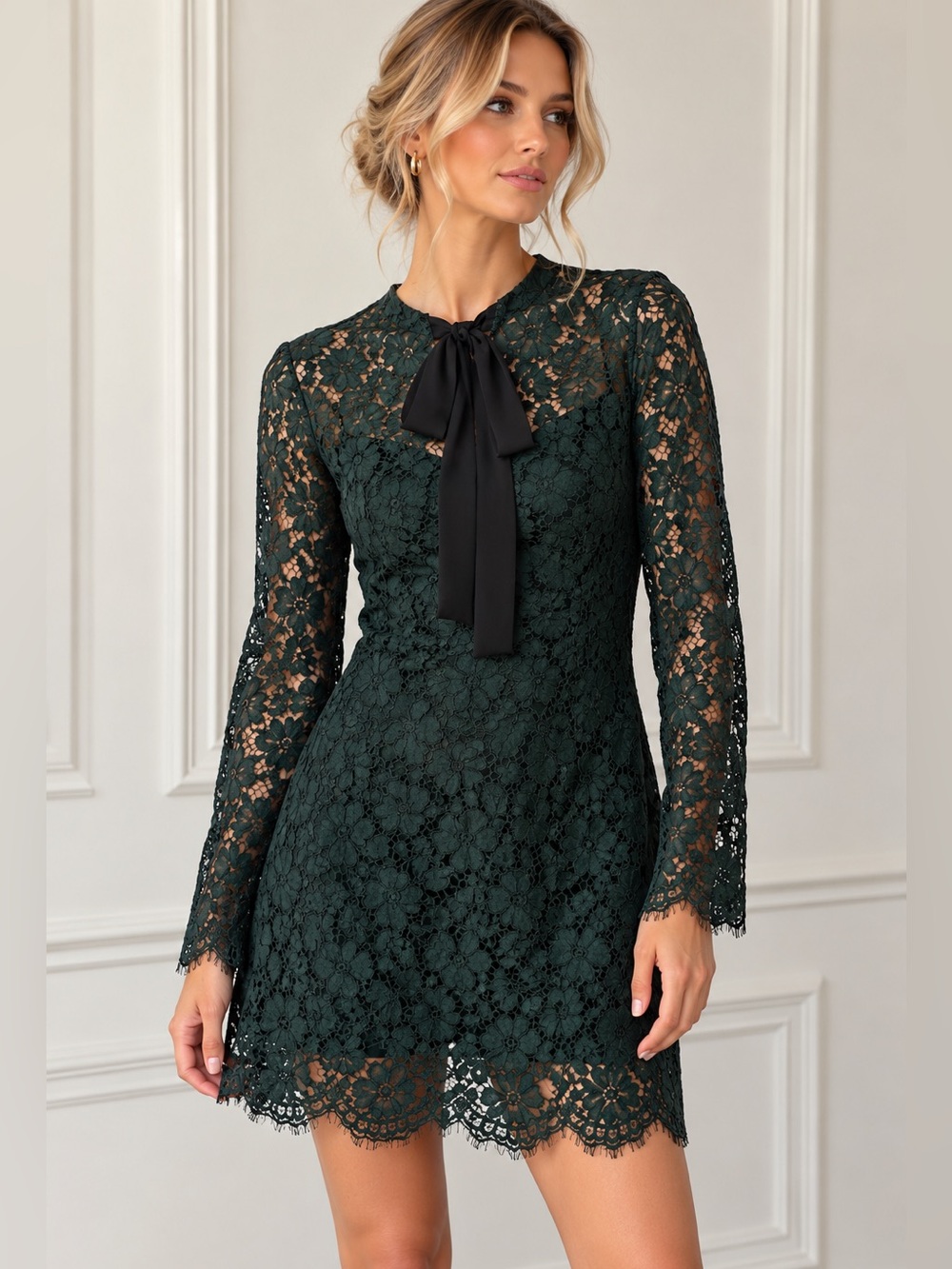 Sandro Green Guipure Lace Bow Tie Neck Mini Dress Size 3 L